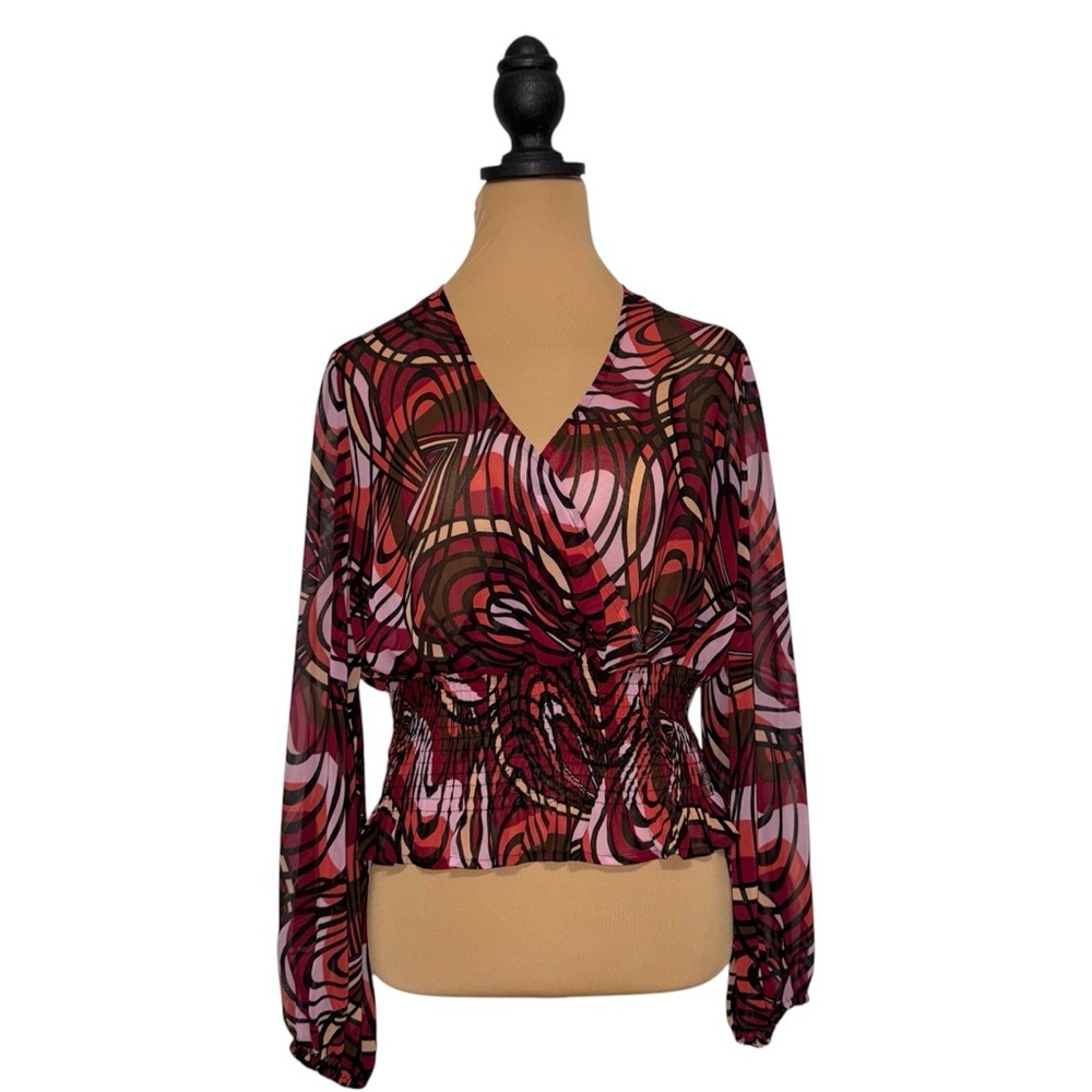 Bisou Bisou Red and Brown Wrap Blouse Long‎ Sleeve